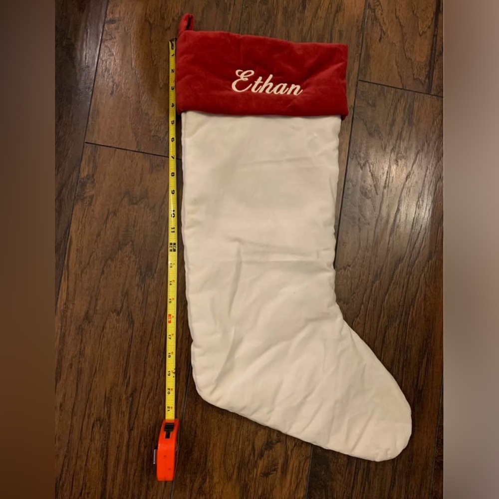 Pottery Barn Red and White Holiday Stocking embroidered with “Ethan”